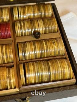 Vintage Bakelite Catalin Poker Chip Set Of 219 In Lowe Case Red Green Buttersc