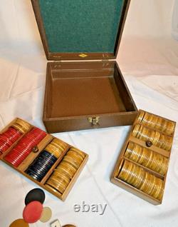 Vintage Bakelite Catalin Poker Chip Set Of 219 In Lowe Case Red Green Buttersc