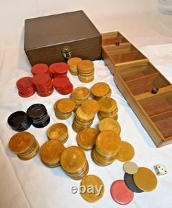 Vintage Bakelite Catalin Poker Chip Set Of 219 In Lowe Case Red Green Buttersc