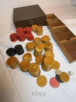Vintage Bakelite Catalin Poker Chip Set Of 219 In Lowe Case Red Green Buttersc