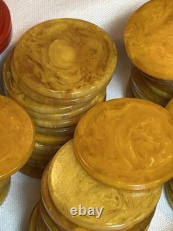 Vintage Bakelite Catalin Poker Chip Set Of 219 In Lowe Case Red Green Buttersc