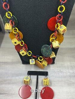 Vintage Bakelite Colorful Gambling Poker Chips & Dice Necklace & Earrings Set