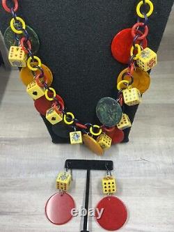 Vintage Bakelite Colorful Gambling Poker Chips & Dice Necklace & Earrings Set