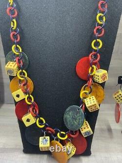 Vintage Bakelite Colorful Gambling Poker Chips & Dice Necklace & Earrings Set