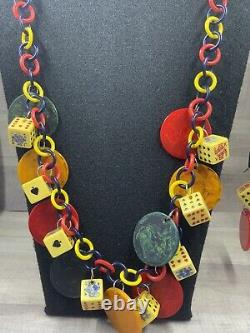 Vintage Bakelite Colorful Gambling Poker Chips & Dice Necklace & Earrings Set