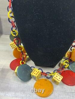 Vintage Bakelite Colorful Gambling Poker Chips & Dice Necklace & Earrings Set