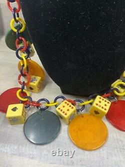 Vintage Bakelite Colorful Gambling Poker Chips & Dice Necklace & Earrings Set