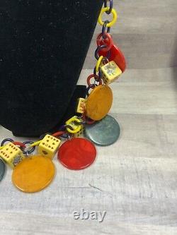 Vintage Bakelite Colorful Gambling Poker Chips & Dice Necklace & Earrings Set