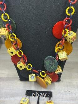 Vintage Bakelite Colorful Gambling Poker Chips & Dice Necklace & Earrings Set