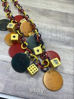 Vintage Bakelite Colorful Gambling Poker Chips & Dice Necklace & Earrings Set