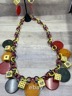 Vintage Bakelite Colorful Gambling Poker Chips & Dice Necklace & Earrings Set