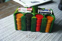 Vintage Bakelite Green Marbalized Poker Chip Holder 204 Translucant Chips