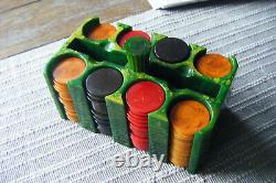 Vintage Bakelite Green Marbalized Poker Chip Holder 204 Translucant Chips