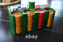 Vintage Bakelite Green Marbalized Poker Chip Holder 204 Translucant Chips