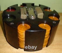 Vintage Bakelite Poker Caddy & Chip Set Red, Green, Butterscotch & Black Swirl 198