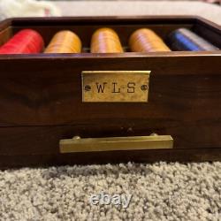 Vintage Bakelite Poker Chip Set 251 chips Wood Brass Box WLS