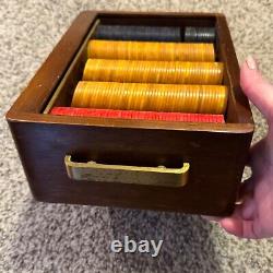 Vintage Bakelite Poker Chip Set 251 chips Wood Brass Box WLS