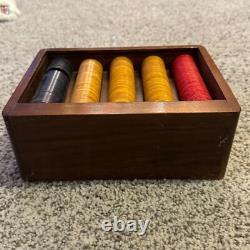Vintage Bakelite Poker Chip Set 251 chips Wood Brass Box WLS