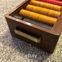 Vintage Bakelite Poker Chip Set 251 chips Wood Brass Box WLS