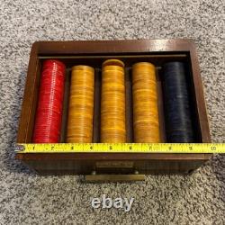 Vintage Bakelite Poker Chip Set 251 chips Wood Brass Box WLS