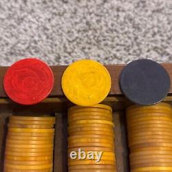 Vintage Bakelite Poker Chip Set 251 chips Wood Brass Box WLS