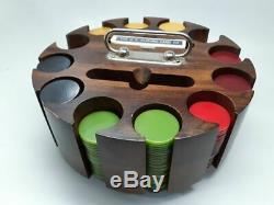 Vintage Bakelite Poker Chip Set And Wood Carousel Caddy 300+ Chips & Cards