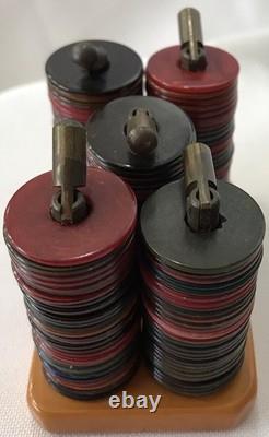 Vintage Bakelite Poker Chip Set With Butterscotch Base