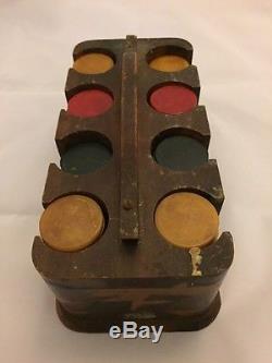 Vintage Bakelite Poker Chip Set Wood Case Butterscotch Red Black Chips