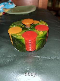 Vintage Bakelite Poker Chip Travel Set Mini Caddy Green