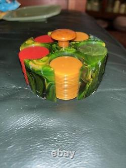 Vintage Bakelite Poker Chip Travel Set Mini Caddy Green