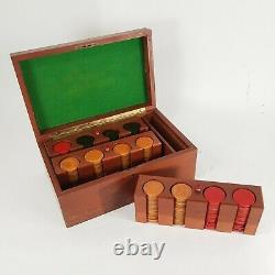 Vintage Bakelite Poker Chips Caddy Set with Wooden Inlay Walnut Carrier Box 300+