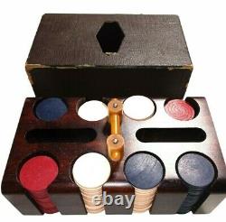 Vintage Bakelite Poker Chips Set. Mahogany Chip Caddy Butterscot Bakelite Handle