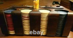Vintage Bakelite Poker Chips Set. Mahogany Chip Caddy Butterscot Bakelite Handle