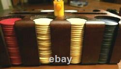 Vintage Bakelite Poker Chips Set. Mahogany Chip Caddy Butterscot Bakelite Handle