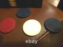 Vintage Bakelite Poker Chips Set. Mahogany Chip Caddy Butterscot Bakelite Handle