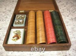 Vintage Bakelite Poker Chips Set with Wooden Carrier Box Playing Card Holder- 300+