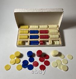 Vintage Bakelite Poker Chips -Yellow, Blue, Red, and White Swirl 400x Set Case