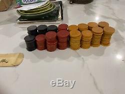 Vintage Boxed Set Of Bakelite Poker Chips 300yellow Red Green In Leather Box