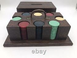 Vintage Butterscotch Bakelite Poker Chips Set. Wooden Chip Caddy with Handle