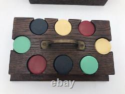 Vintage Butterscotch Bakelite Poker Chips Set. Wooden Chip Caddy with Handle