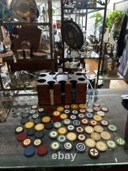 Vintage CLAY Poker Chip Set Wood Caddy Carrier Case CROWN CHIPS