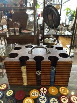 Vintage CLAY Poker Chip Set Wood Caddy Carrier Case CROWN CHIPS