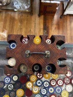 Vintage CLAY Poker Chip Set Wood Caddy Carrier Case CROWN CHIPS