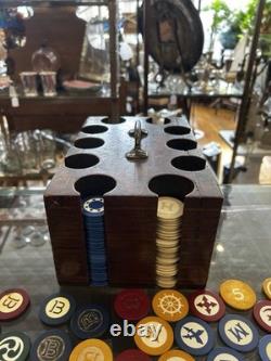Vintage CLAY Poker Chip Set Wood Caddy Carrier Case CROWN CHIPS