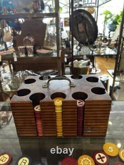 Vintage CLAY Poker Chip Set Wood Caddy Carrier Case CROWN CHIPS