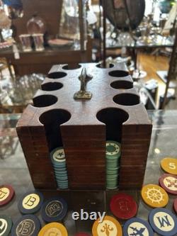 Vintage CLAY Poker Chip Set Wood Caddy Carrier Case CROWN CHIPS