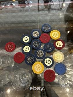 Vintage CLAY Poker Chip Set Wood Caddy Carrier Case CROWN CHIPS