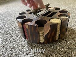 Vintage CLAY Poker Chip Swivel Set Wood Caddy Carrier Case Turnstyle CROWN CHIPS