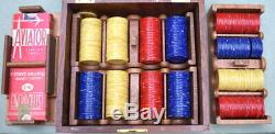 Vintage Catalin Bakelite 3 Color 300 Poker Chip Set in Walnut Box, Card Tray