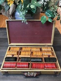 Vintage Catalin Bakelite Poker Chip Set Herringbone Case Abercrombie & Fitch